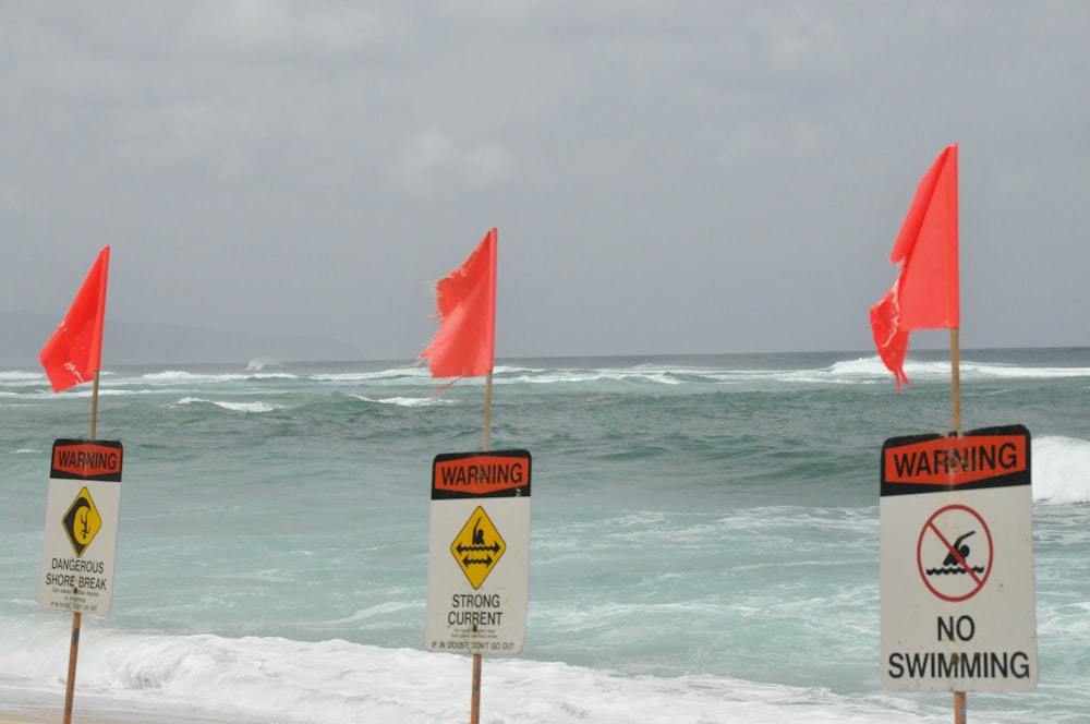 red and white flag on beach during daytime