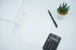 A neat workspace featuring accounting tools, a calculator, and a green plant on the desk.