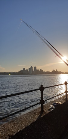 The image captures a scenic view of a waterfront during sunset. A sleek fishing rod is prominently angled in the foreground against the backdrop of a calm water surface reflecting the sun's golden rays. On the horizon, a city skyline with various buildings is silhouetted against the clear sky.