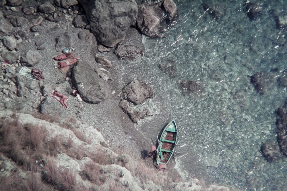 aerial view of people swimming on sea during daytime