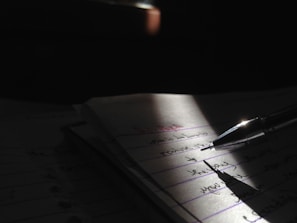 A close-up of a pen and notebook, symbolizing writing and research.