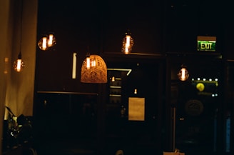 Dimly lit interior setting with hanging light bulbs and a decorative lamp. The lights cast a warm glow, creating a cozy ambiance. There is a visible exit sign in green and some plants partially visible on the left.