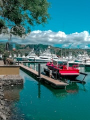 Staff assisting boat owners at a lively marina under clear blue skies.