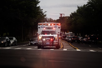 An ambulance with flashing lights is driving down a road, surrounded by cars on both sides. The scene takes place during dusk or dawn, as the sky is dimly lit. Trees line the road, and the atmosphere suggests urgency and movement.