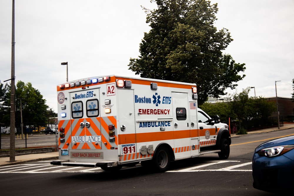 an ambulance is parked on the side of the road