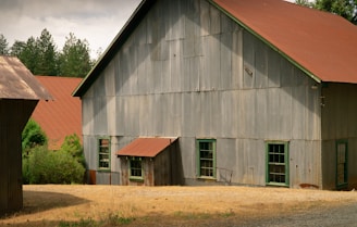 A rustic, large barn made of corrugated metal with multiple green-trimmed windows. The structure has a reddish-brown sloped roof that contrasts with the overcast sky. Surrounding the barn are some trees and patches of dry grass, adding to a rural setting.