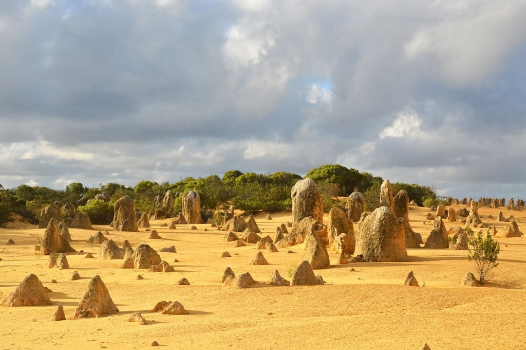 brown rocks on brown sand under white clouds during daytime