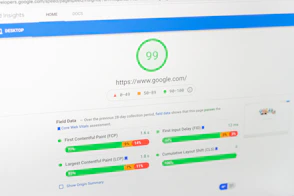 A speedometer graphic symbolizing fast website loading times on various devices.