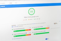 A computer screen displays a PageSpeed Insights report for the website google.com, showing a high performance score of 99. The report includes metrics such as First Contentful Paint (FCP), Largest Contentful Paint (LCP), First Input Delay (FID), and Cumulative Layout Shift (CLS), all of which are represented with graphical progress bars.