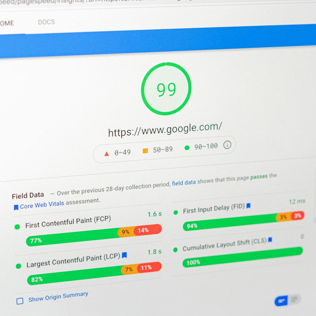 A laptop screen showing Google Pagespeed Insights. 