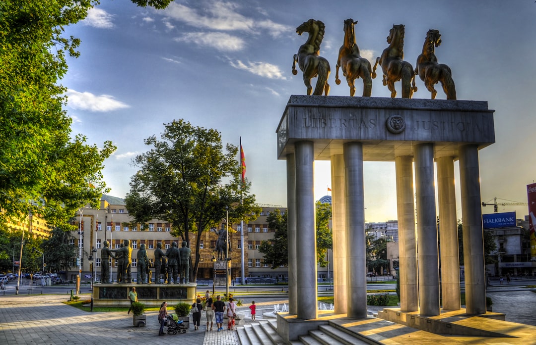 Monument to Prometheus at front and the Macedonian Assembly in the background.