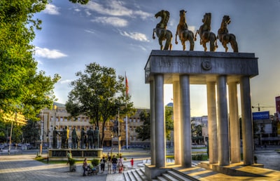 Monument to Prometheus at front and the Macedonian Assembly in the background.