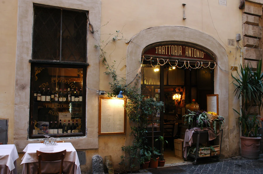 A trattoria detail with wine and rustic table setting