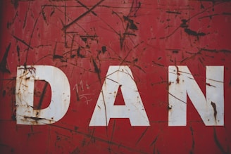 Large, bold white letters spelling 'DAN' are displayed on a weathered and rusty red metal surface. The surface is marked with scratches and patches of rust, suggesting age and exposure to the elements.