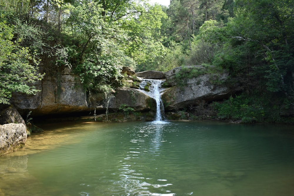 waterfalls in the middle of green trees