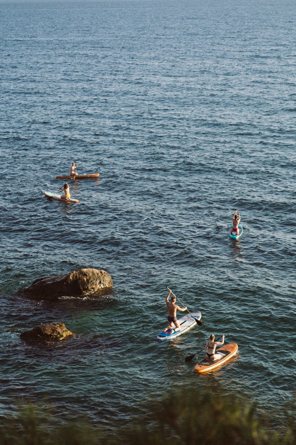 a group of people riding paddle boards on top of a body of water