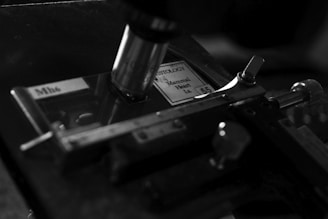 A black and white close-up of a microscope setup with a slide labeled 'Histology' and 'Mammal Heart'. The slide is placed under the microscope lens, and the image prominently features the mechanical parts of the microscope.