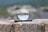 A clear crystal ball is positioned on a small rectangular black stand, placed on a rough stone surface. The background shows an out-of-focus landscape with greenery, mountains, and buildings, which are inverted and clearly visible through the crystal ball.