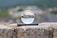 A clear crystal ball is positioned on a small rectangular black stand, placed on a rough stone surface. The background shows an out-of-focus landscape with greenery, mountains, and buildings, which are inverted and clearly visible through the crystal ball.