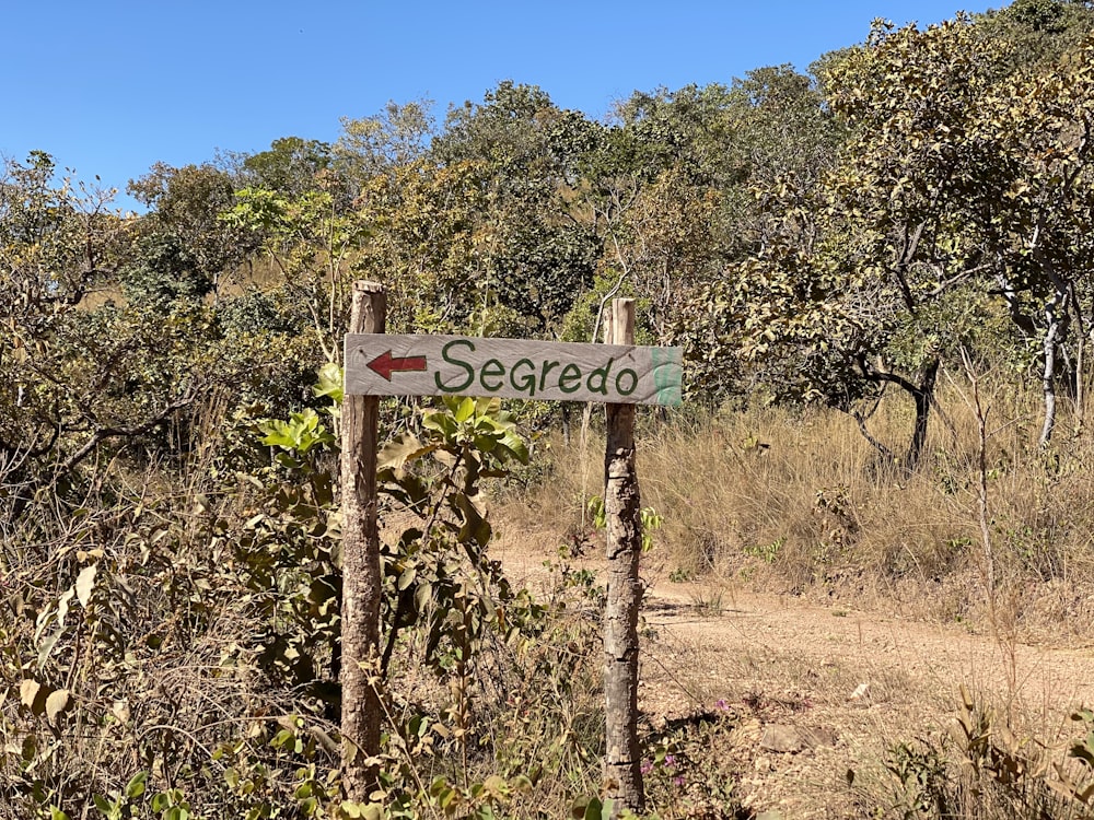 a sign pointing to the right in a wooded area