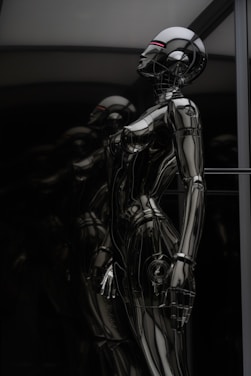 A sleek humanoid robot standing confidently in a modern luxury home environment.