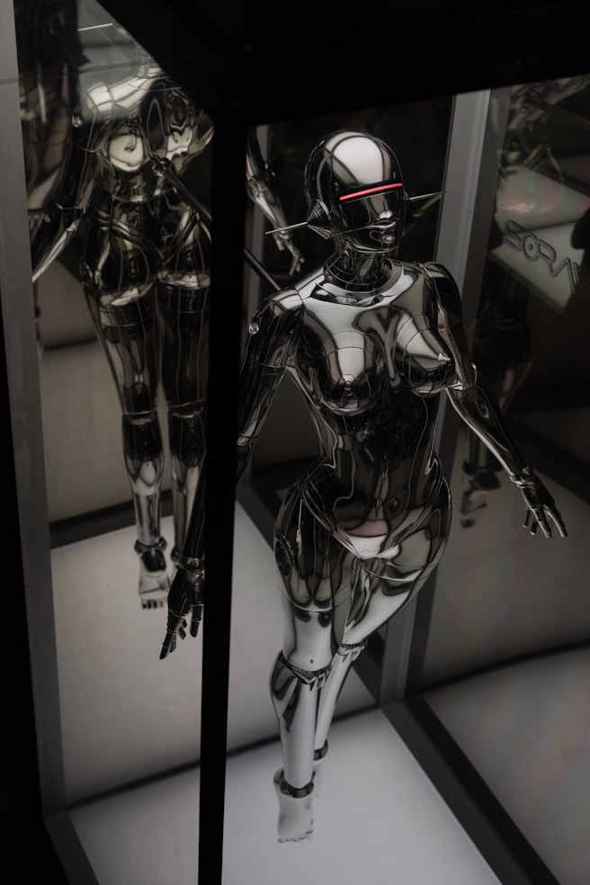 black and silver robot action figure