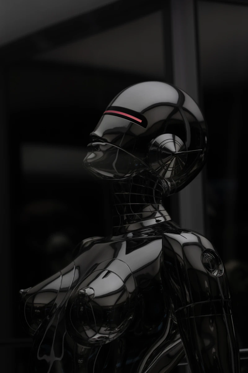 Black and silver robot head render in the dark