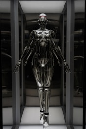 A humanoid robot with a futuristic design stands in an illuminated display case. The robot has a sleek, metallic body with articulated joints and a smooth, reflective surface. Its head is shaped with minimalistic features, including a visor-like element covering where eyes would be. The robot is positioned upright with arms slightly extended to the sides.