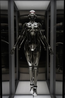 A humanoid robot with a futuristic design stands in an illuminated display case. The robot has a sleek, metallic body with articulated joints and a smooth, reflective surface. Its head is shaped with minimalistic features, including a visor-like element covering where eyes would be. The robot is positioned upright with arms slightly extended to the sides.