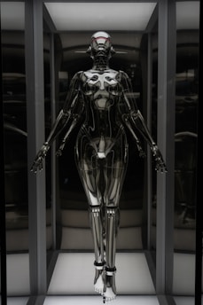 A humanoid robot with a futuristic design stands in an illuminated display case. The robot has a sleek, metallic body with articulated joints and a smooth, reflective surface. Its head is shaped with minimalistic features, including a visor-like element covering where eyes would be. The robot is positioned upright with arms slightly extended to the sides.
