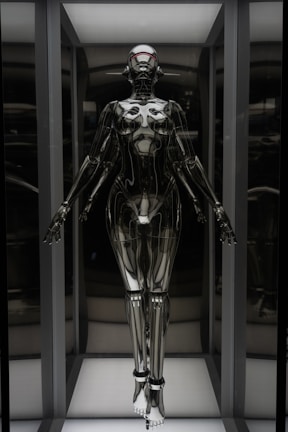 A humanoid robot with a futuristic design stands in an illuminated display case. The robot has a sleek, metallic body with articulated joints and a smooth, reflective surface. Its head is shaped with minimalistic features, including a visor-like element covering where eyes would be. The robot is positioned upright with arms slightly extended to the sides.