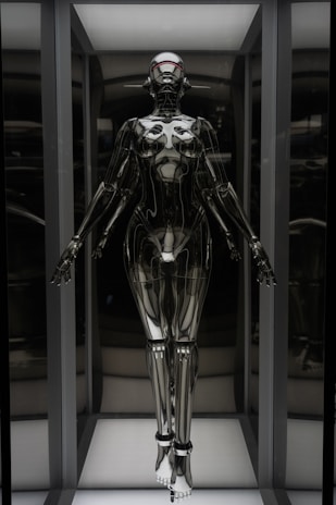 A humanoid robot with a futuristic design stands in an illuminated display case. The robot has a sleek, metallic body with articulated joints and a smooth, reflective surface. Its head is shaped with minimalistic features, including a visor-like element covering where eyes would be. The robot is positioned upright with arms slightly extended to the sides.