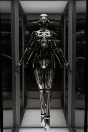 A humanoid robot with a futuristic design stands in an illuminated display case. The robot has a sleek, metallic body with articulated joints and a smooth, reflective surface. Its head is shaped with minimalistic features, including a visor-like element covering where eyes would be. The robot is positioned upright with arms slightly extended to the sides.