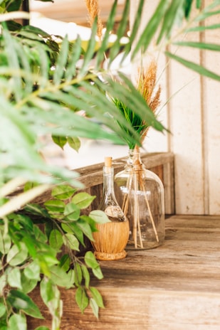 A rustic wooden surface holds two decorative glass bottles, one of which is partially wrapped in wicker. Greenery, including large leaves, frames the scene, creating a fresh and natural atmosphere. Natural light softly illuminates the arrangement.