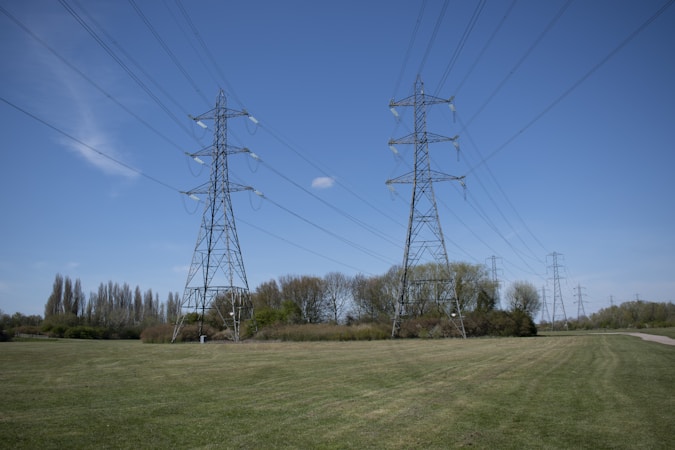 A landscape featuring several large electricity pylons standing in a grassy field. Trees line the background beneath a clear blue sky. The pylons carry power lines stretching off into the distance.
