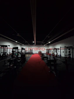 red and white ceiling with lights