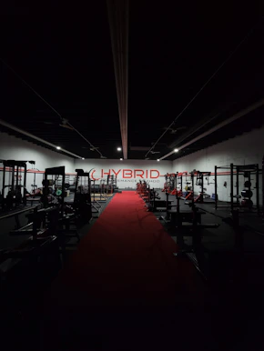 red and white ceiling with lights