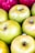 Several apples are tightly packed together, showcasing a mixture of green and red hues. The apples appear fresh and have a glossy texture, indicating their ripeness.