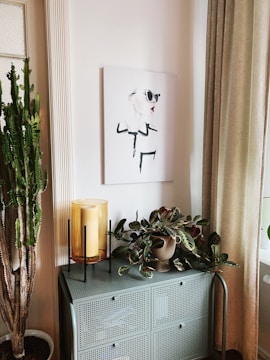 A modern and stylish interior space with a minimalist painting on the wall. The painting features a woman wearing sunglasses with abstract brush strokes. Below the painting is a metal cabinet with a perforated design. On top of the cabinet, there is a decorative orange glass candle holder and a potted plant with variegated leaves. A tall potted cactus stands next to the cabinet, and beige curtains frame the window.