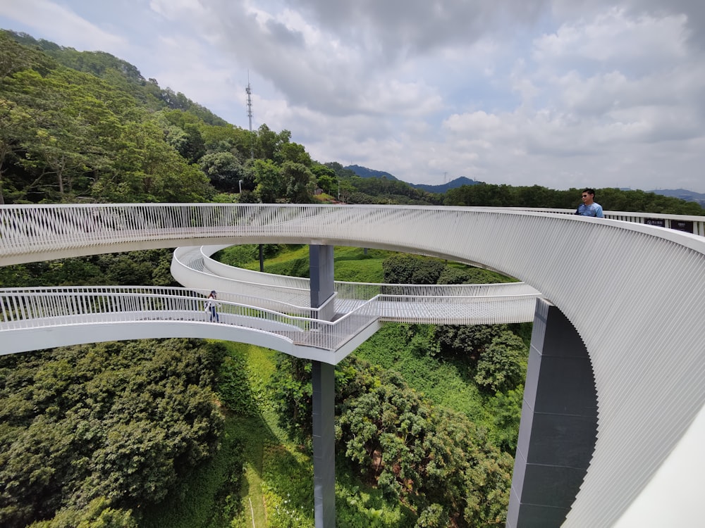 white and gray bridge over green trees under white clouds during daytime