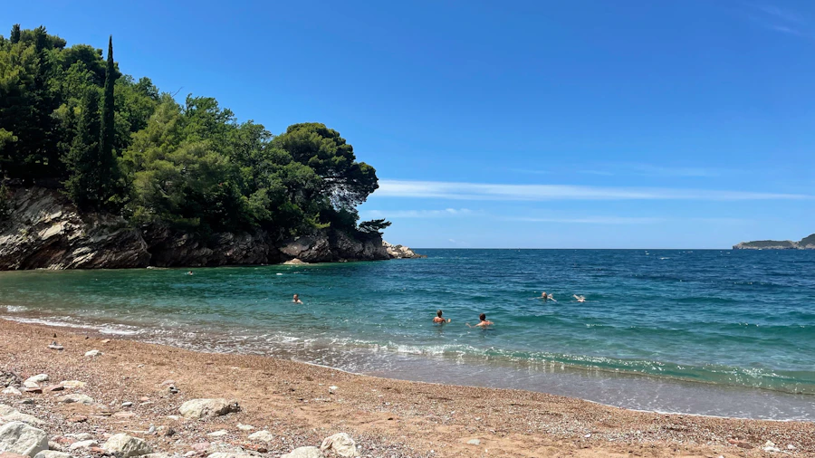 Sveti Stefan yakınında yeşilliklerle çevrili Kraliçe Plajı