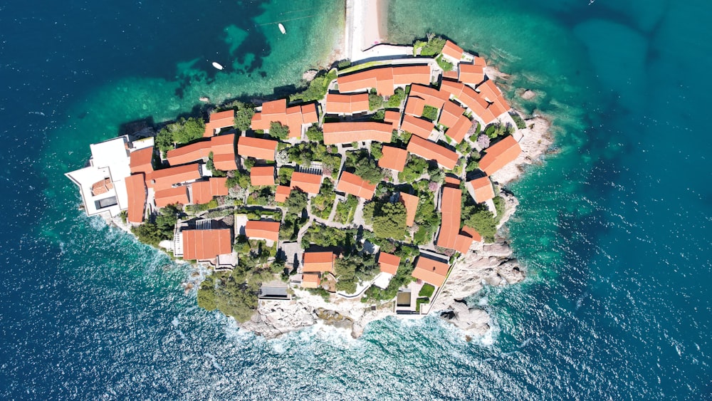 aerial view of houses near body of water during daytime