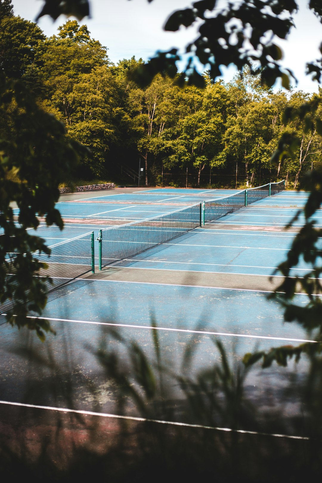 blue and white basketball court surrounded by green trees during daytime