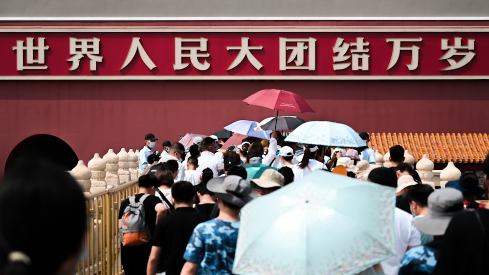 a large group of people with umbrellas in front of a building