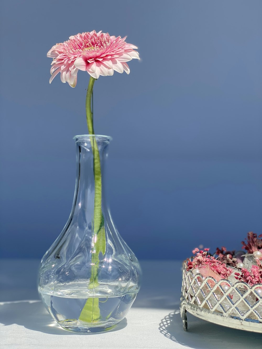 pink and white flowers in blue glass vase