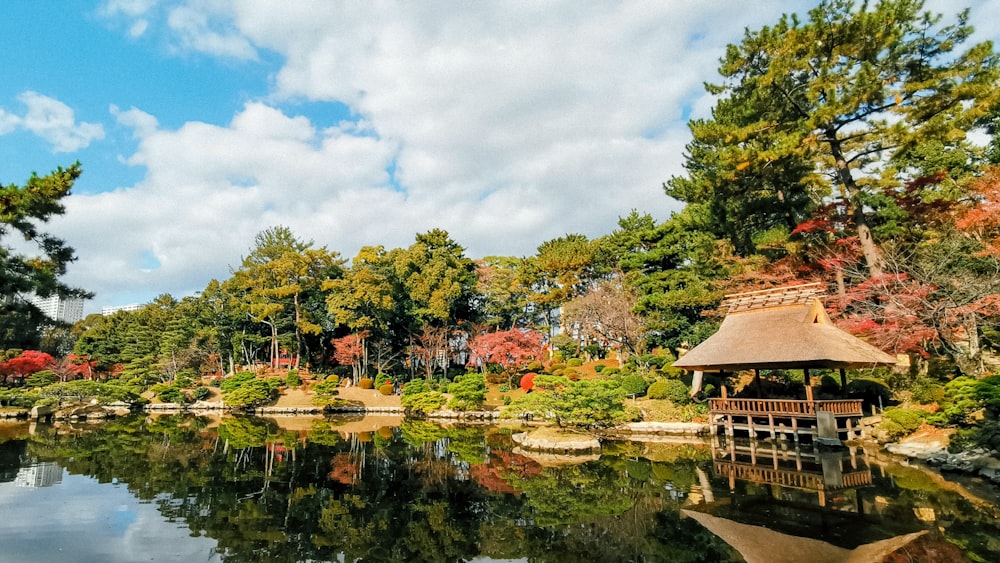 brown wooden house near green trees and river during daytime