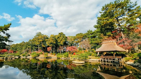 Brown wooden house near green trees and river during daytime — Hiroshima, Japan