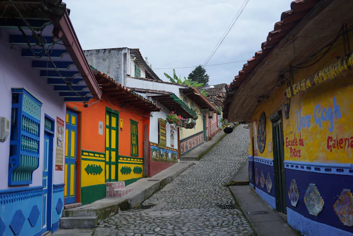 Brightly painted building fronts in Guatapé