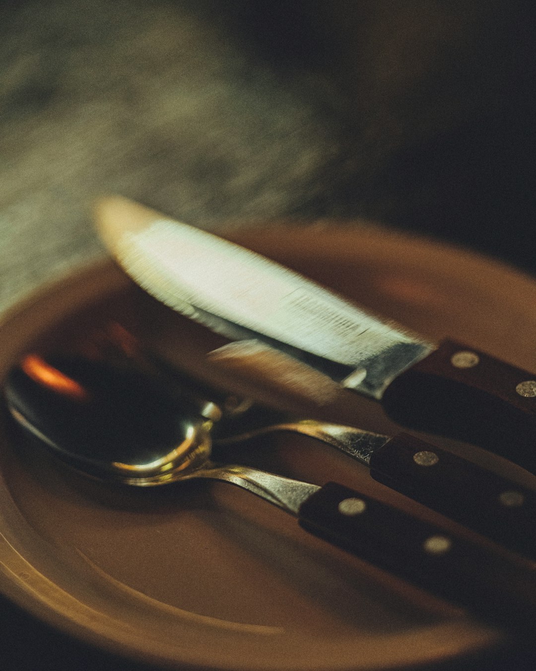 stainless steel fork and knife on brown ceramic plate