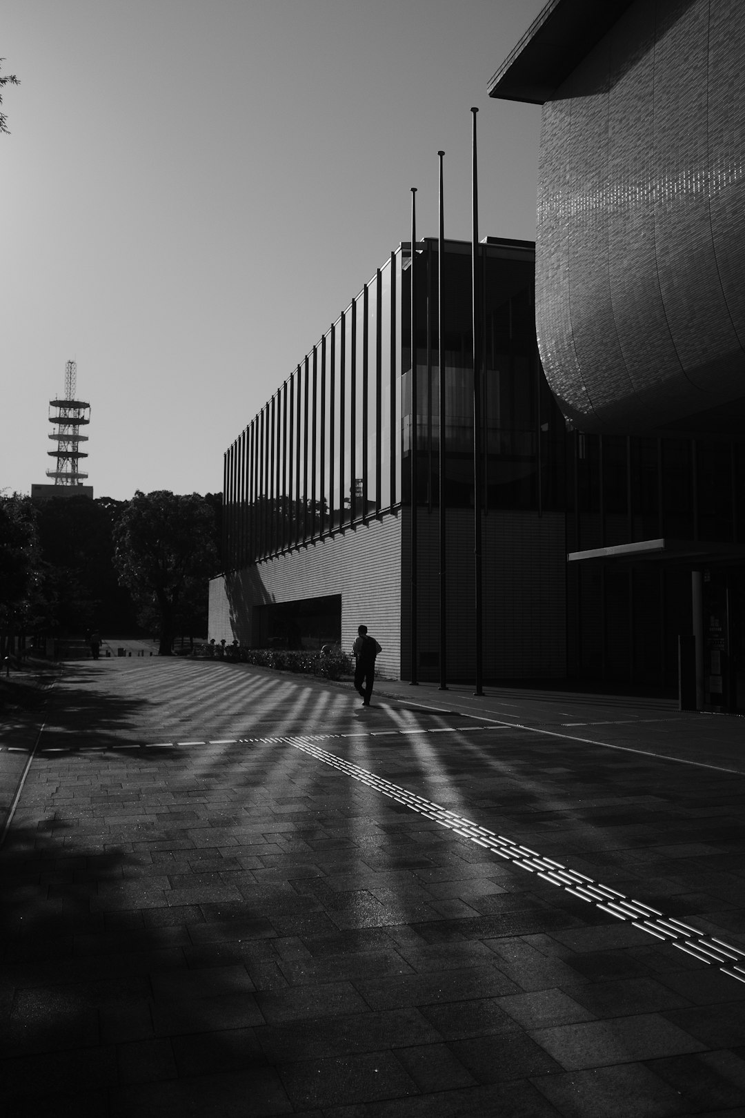 grayscale photo of person walking on sidewalk near building